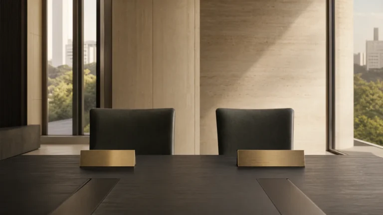 Duas cadeiras equivalentes em mesa de decisão, com placas neutras e luz equilibrada