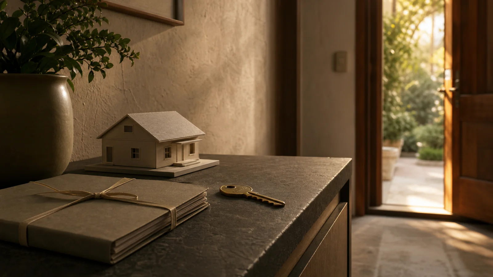 Chave e maquete de casa ao lado de pasta documental, em entrada residencial iluminada