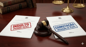 Indulto e Comutação de Pena representados por dois documentos jurídicos lado a lado sobre uma mesa de advogado com um martelo ao centro, ilustrando a diferença entre o perdão total e a redução da pena.