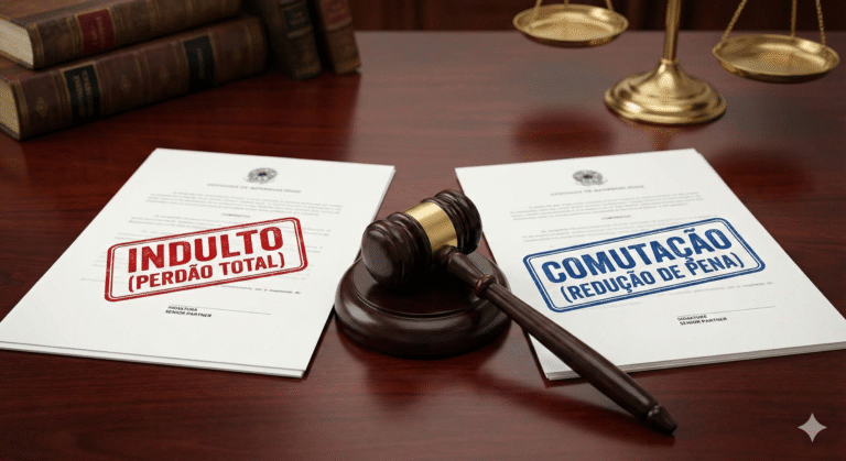 Indulto e Comutação de Pena representados por dois documentos jurídicos lado a lado sobre uma mesa de advogado com um martelo ao centro, ilustrando a diferença entre o perdão total e a redução da pena.