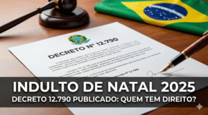 A imagem que acabamos de gerar é a do **Indulto de Natal (Decreto 12.790)**, com a bandeira do Brasil e o documento sobre a mesa. Aqui está o **Texto Alternativo (Alt Text)** correto e otimizado para essa imagem específica, para você usar no WordPress: ``` Documento oficial impresso do Decreto nº 12.790 sobre mesa de madeira, ladeado por um martelo de juiz, uma caneta tinteiro e a bandeira do Brasil dobrada ao fundo. Banner com o texto sobreposto: "Indulto de Natal 2025 - Decreto 12.790 Publicado: Quem tem direito?". ```