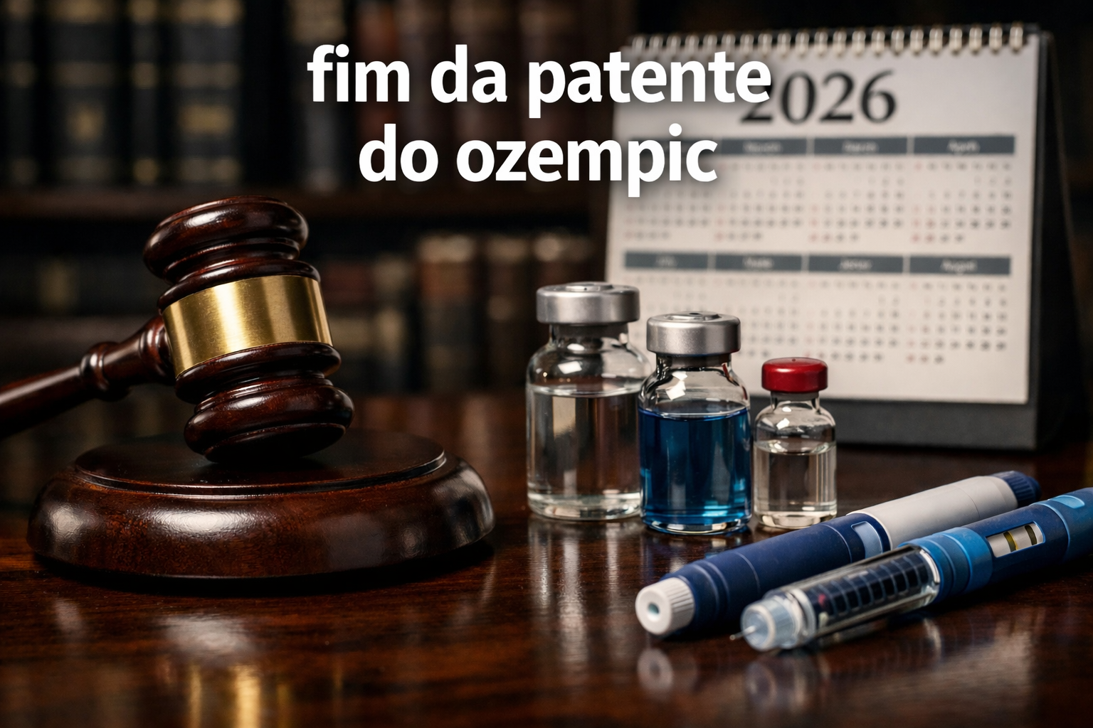 Malhete da justiça sobre mesa ao lado de medicamentos injetáveis e frascos, representando o fim da patente do Ozempic e a decisão do STJ.