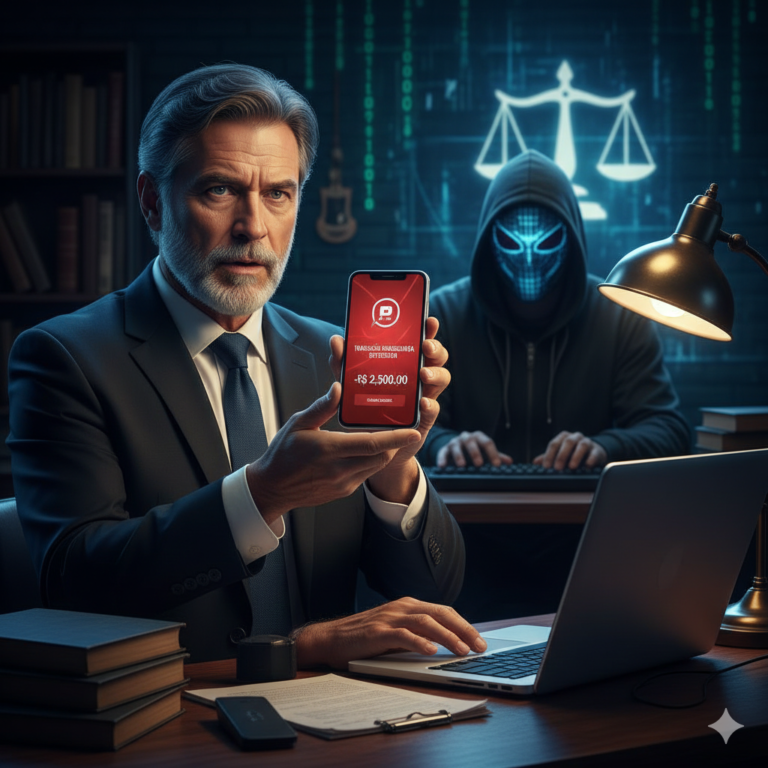 Golpe do Pix: advogado mostra smartphone com aviso de fraude, hacker no fundo.