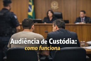 Audiência de custódia com réu e advogado sentados diante de juíza em sala de audiência