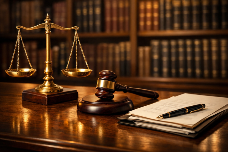 Balança da justiça, martelo de juiz e documentos legais em uma mesa de madeira, com uma biblioteca jurídica ao fundo, simbolizando a delação premiada como estratégia de defesa no direito criminal brasileiro, com foco na jurisprudência do STJ e STF de 2025 e 2026.
