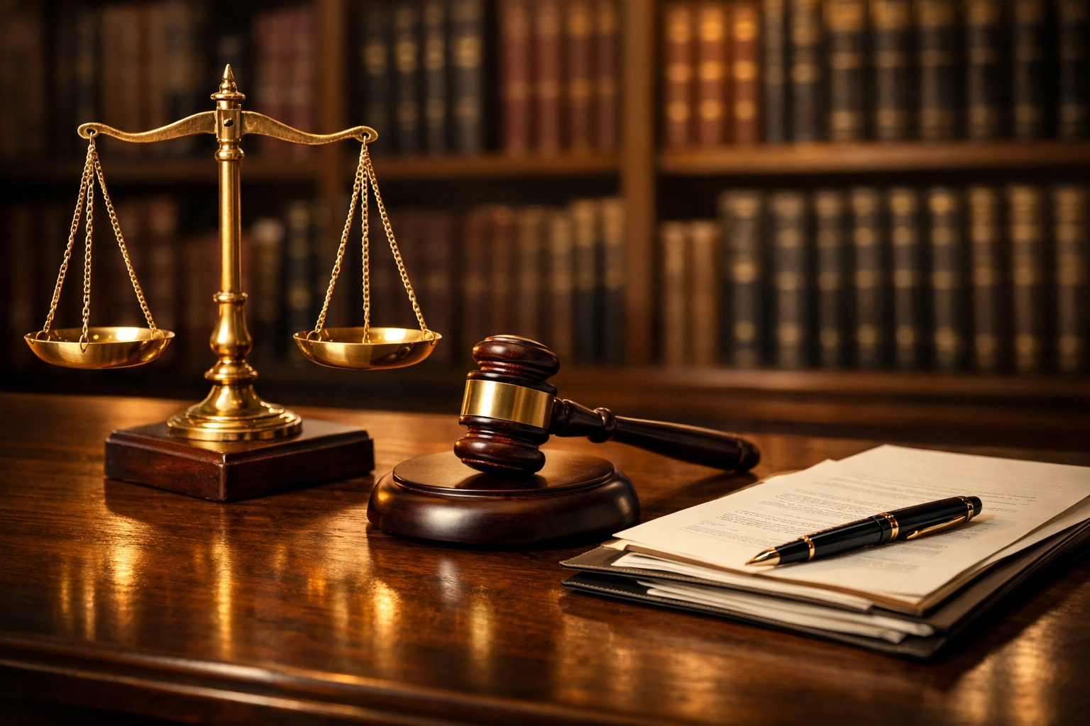 Balança da justiça, martelo de juiz e documentos legais em uma mesa de madeira, com uma biblioteca jurídica ao fundo, simbolizando a delação premiada como estratégia de defesa no direito criminal brasileiro, com foco na jurisprudência do STJ e STF de 2025 e 2026.