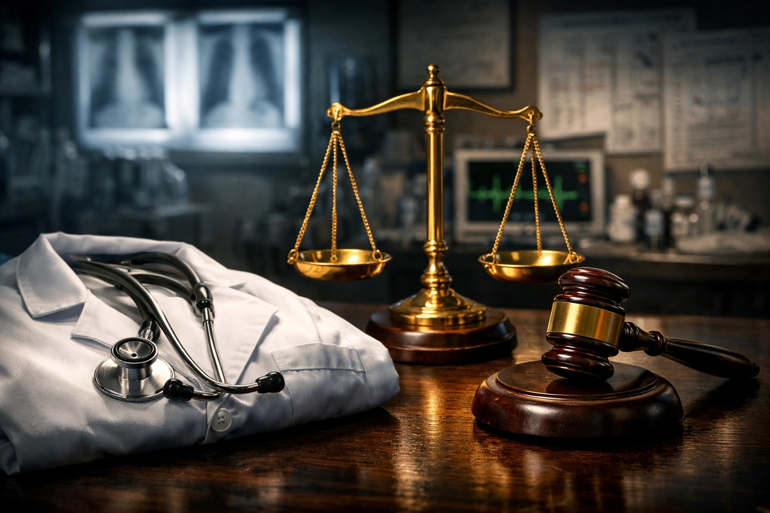 Bata médica com estetoscópio, balança da justiça e martelo de juiz em uma mesa de madeira escura, com um fundo médico borrado, simbolizando a responsabilidade criminal de médicos por erro médico e as implicações legais para profissionais de saúde.