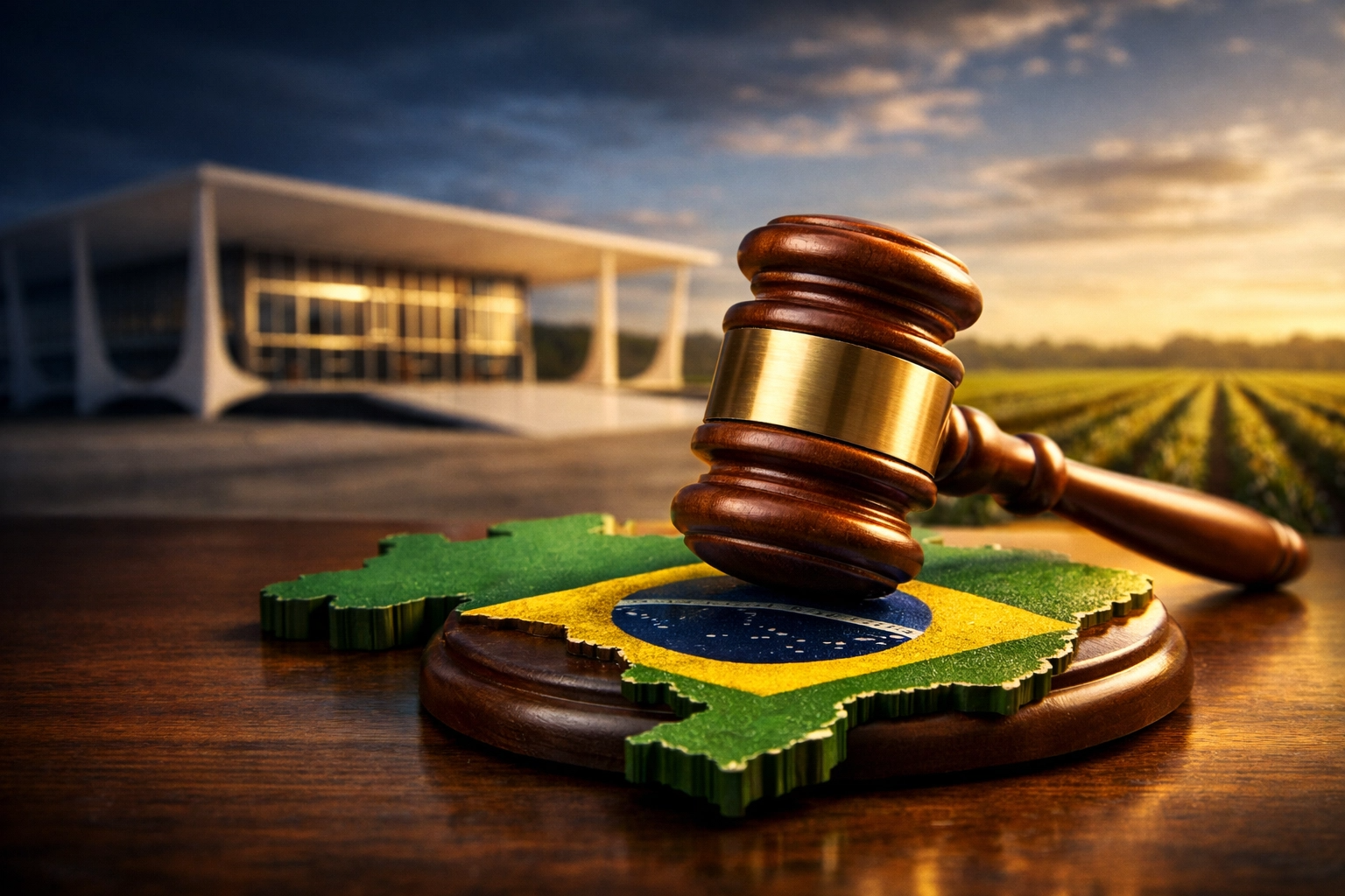 Martelo de juiz sobre mapa do Brasil com bandeira, ao fundo o STF e lavoura rural — julgamento STF sobre compra de terras por empresas estrangeiras em 2026
