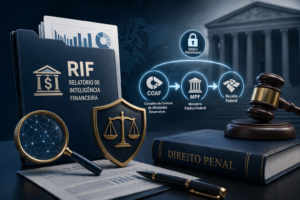 Ilustração jurídica e financeira com pasta de relatório de inteligência financeira, símbolos de sigilo, COAF, Ministério Público, Receita Federal e elementos do processo penal