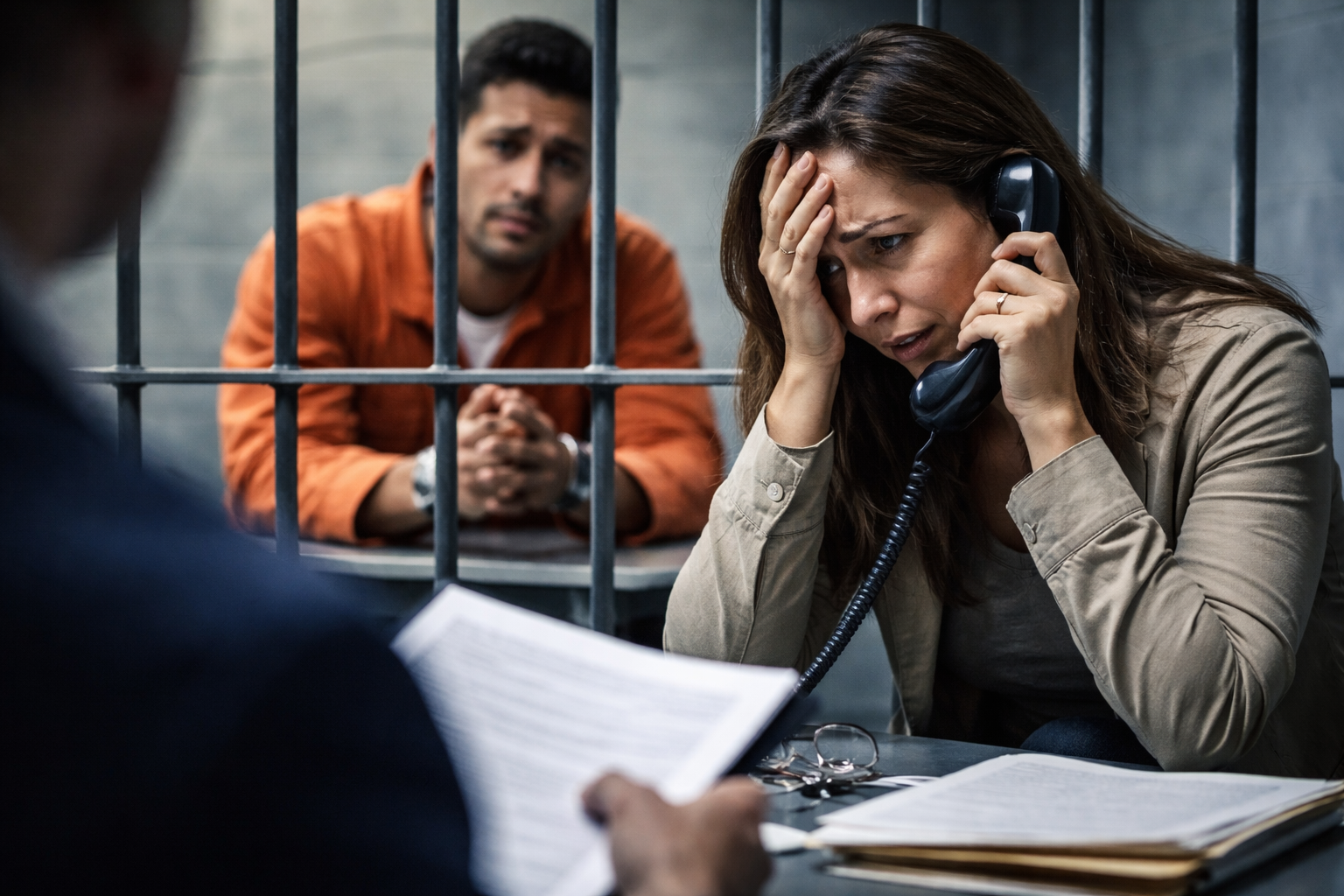 Familiar angustiada em sala de visita de presídio, falando ao telefone enquanto preso observa ao fundo atrás das grades