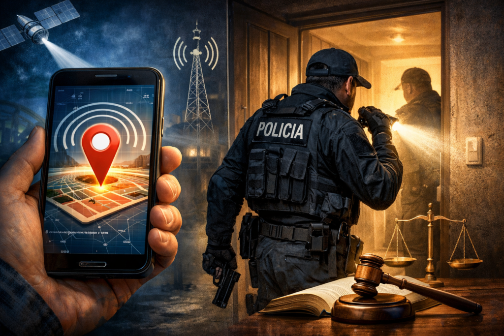 Ilustração jurídica mostrando um celular com geolocalização ativa ao lado de uma entrada policial em domicílio, sugerindo o debate sobre uso de sinal de celular e limites legais para ingresso em residência.