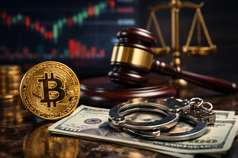 Bitcoin ao lado de algemas, dinheiro e martelo judicial, ilustrando o uso de criptomoedas como possível prova em investigação de lavagem de dinheiro.