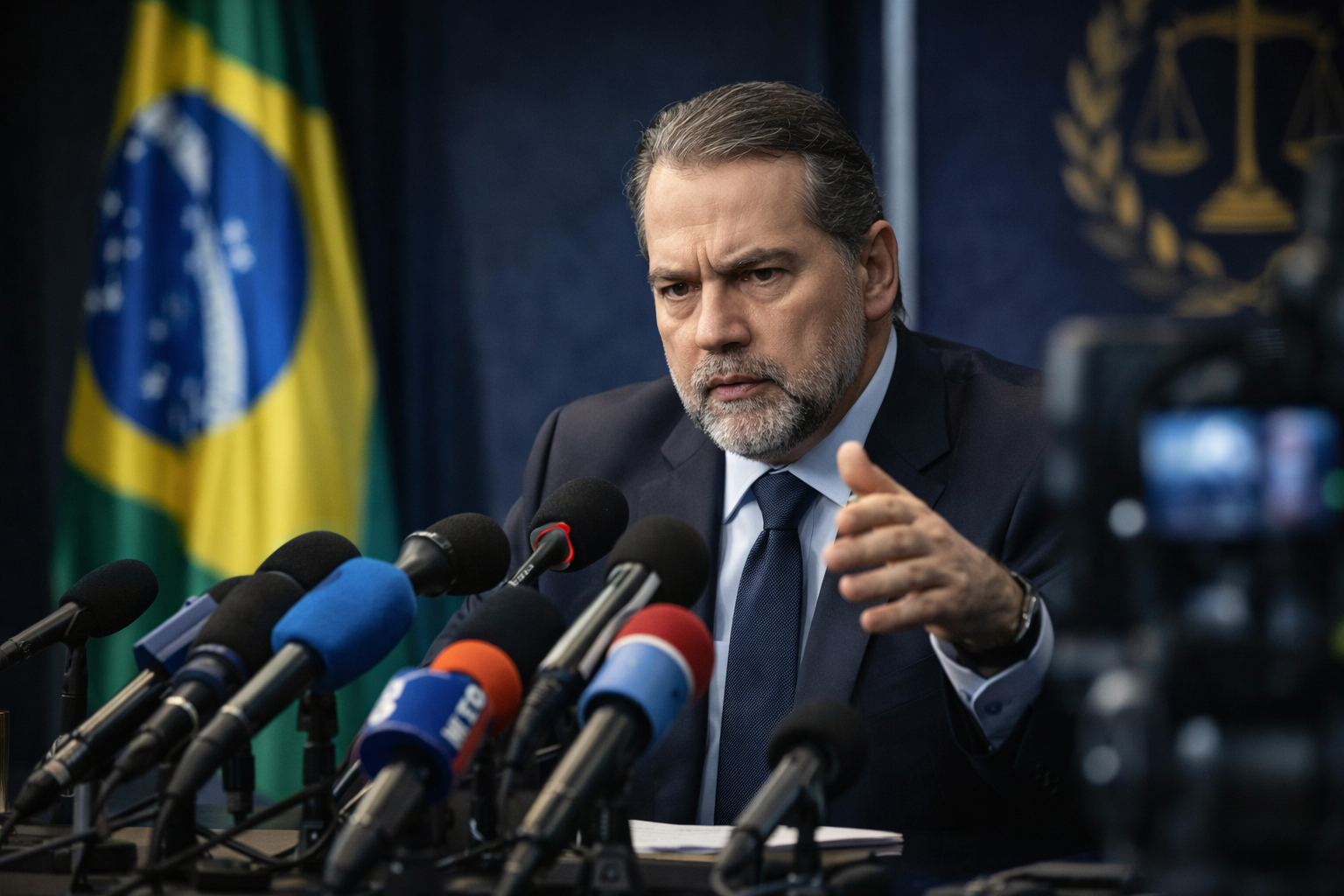 Magistrado em declaração pública diante da imprensa, ilustrando debate sobre imparcialidade judicial, pré-julgamento e devido processo legal.