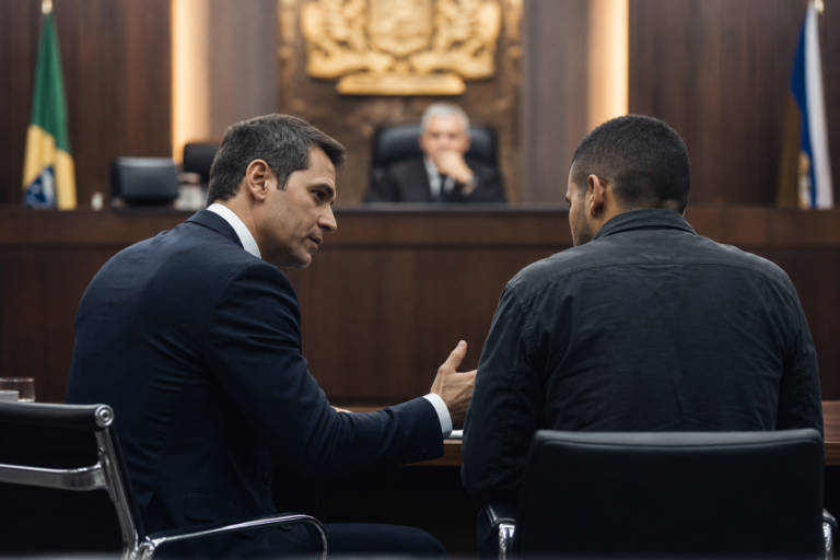 Audiência de custódia — advogado conversa com homem custodiado em sala de audiência antes da fala ao juiz.