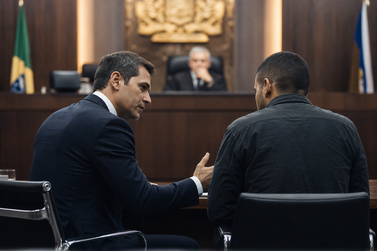 Audiência de custódia — advogado conversa com homem custodiado em sala de audiência antes da fala ao juiz.