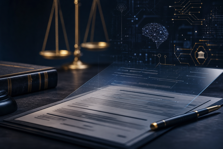 Imagem editorial sobre prompt oculto em petição, inteligência artificial no Judiciário e possível fraude processual.