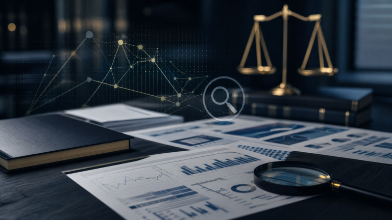 Mesa de escritório jurídico com documentos financeiros, gráfico de transações, lupa e balança da justiça ao fundo, representando prova financeira e análise penal de RIFs do COAF.