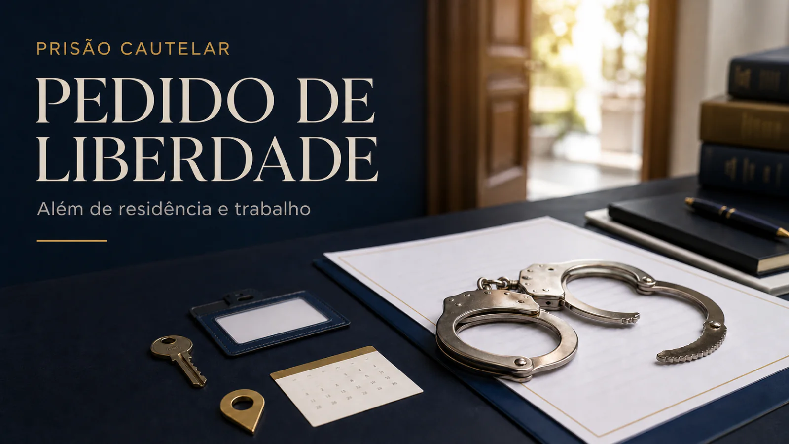 Algemas abertas sobre uma petição, com chave e documentos, representando pedido de liberdade e medidas cautelares