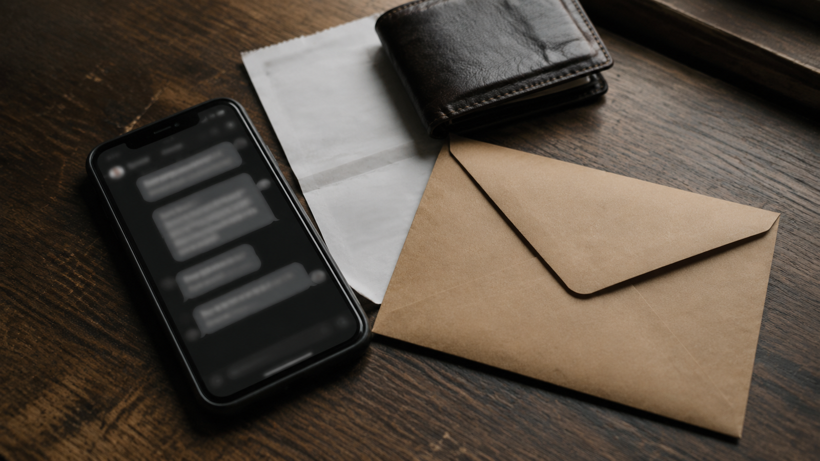 Mesa de trabalho com telefone exibindo conversa desfocada, carteira fechada e envelope pardo, em composição editorial sobre ameaça e exigência patrimonial.