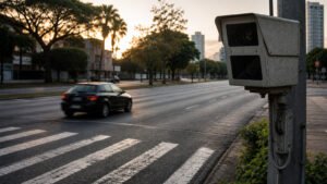 Câmera de fiscalização de velocidade em primeiro plano, automóvel em movimento e faixa de pedestres em via urbana.