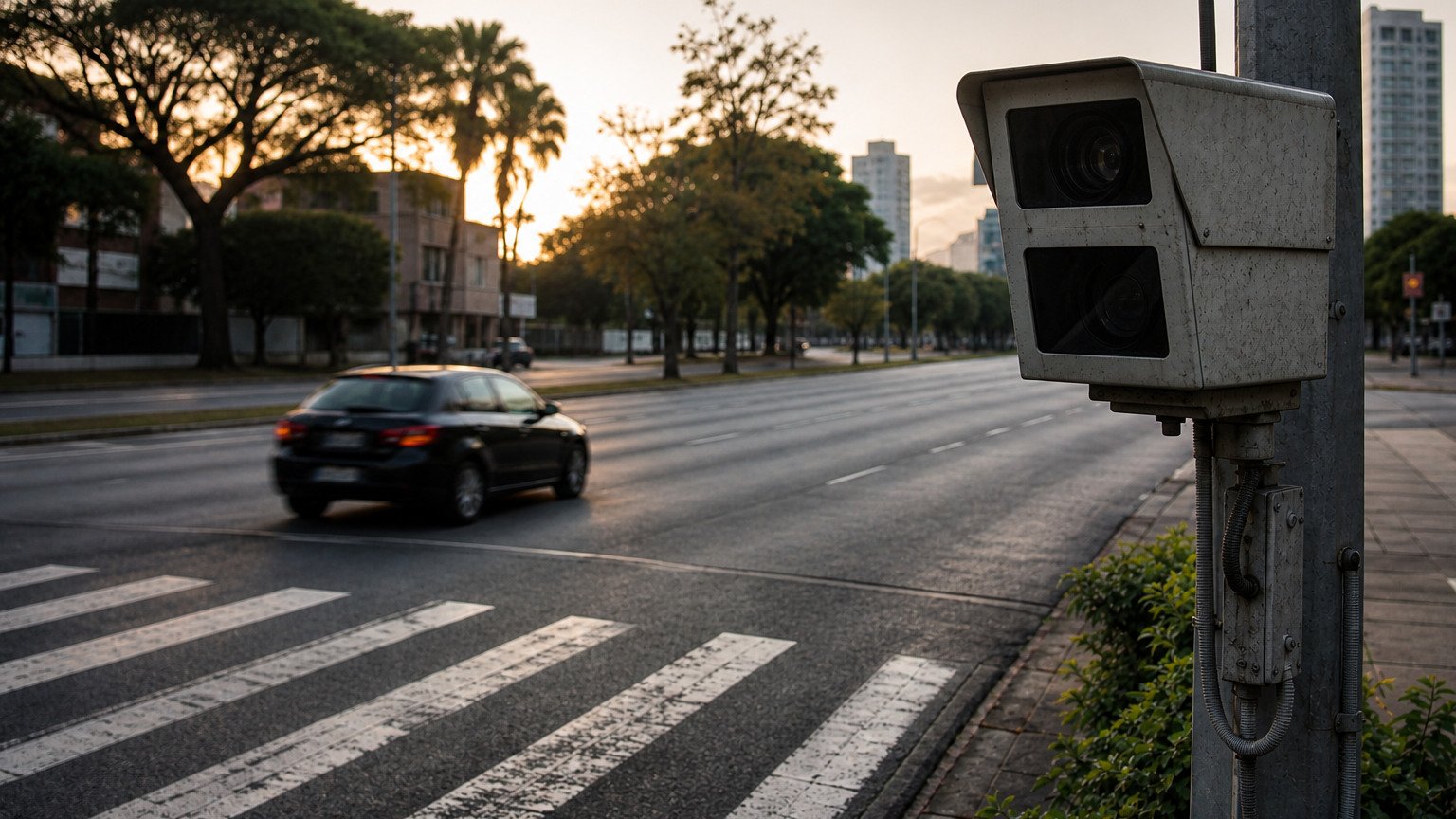 Câmera de fiscalização de velocidade em primeiro plano, automóvel em movimento e faixa de pedestres em via urbana.