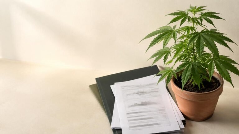 Planta de cannabis medicinal em vaso ao lado de documentos clínicos, sem dados pessoais ou identificação de paciente.