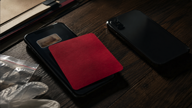 Dois telefones sobre uma mesa, com cartão vermelho bloqueando uma mensagem e luvas de preservação de evidência digital.