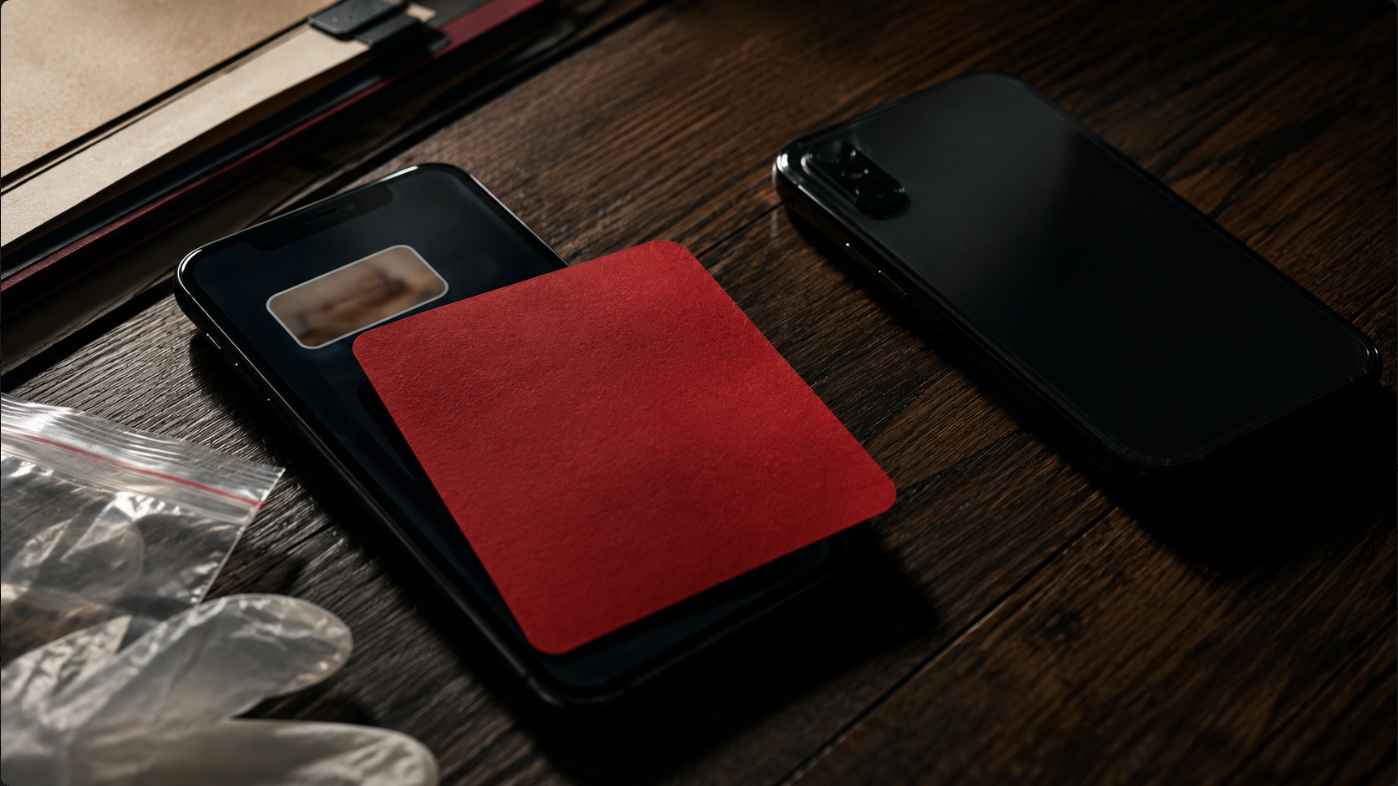 Dois telefones sobre uma mesa, com cartão vermelho bloqueando uma mensagem e luvas de preservação de evidência digital.
