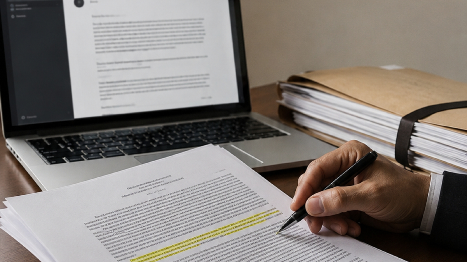 Advogado confere uma resposta de inteligência artificial contra uma decisão judicial impressa, com caneta, marca-texto e pasta processual sobre a mesa.