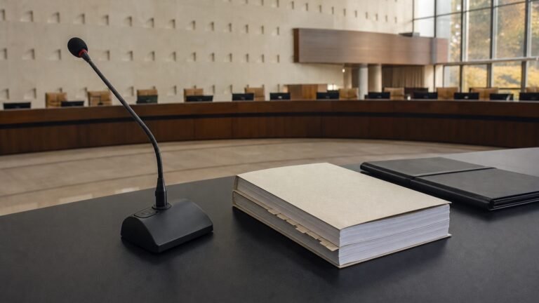 Microfone e autos sobre mesa diante de uma sala de audiência vazia