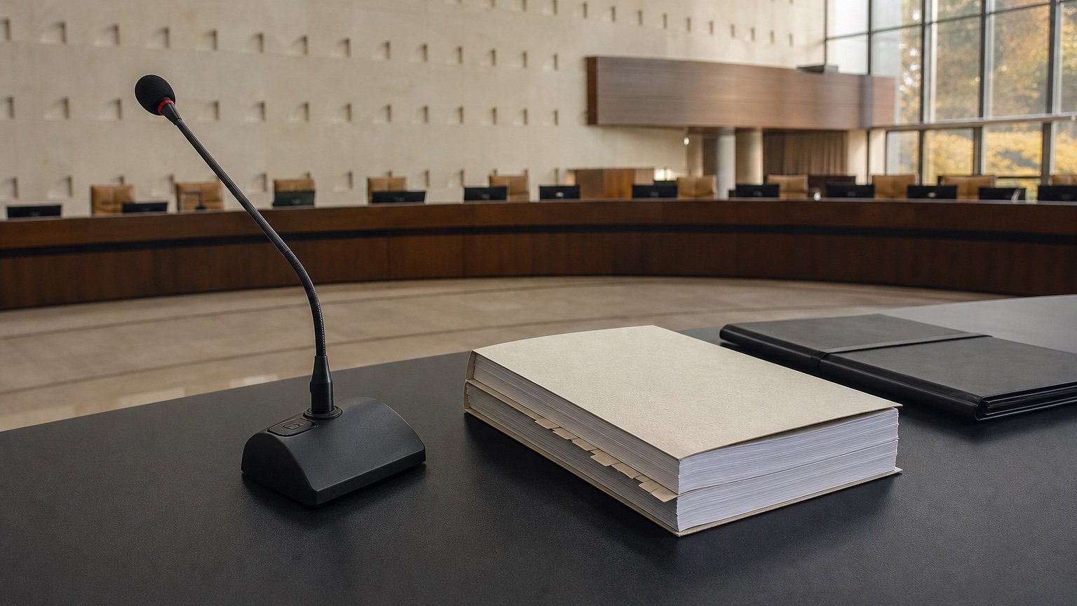 Microfone e autos sobre mesa diante de uma sala de audiência vazia