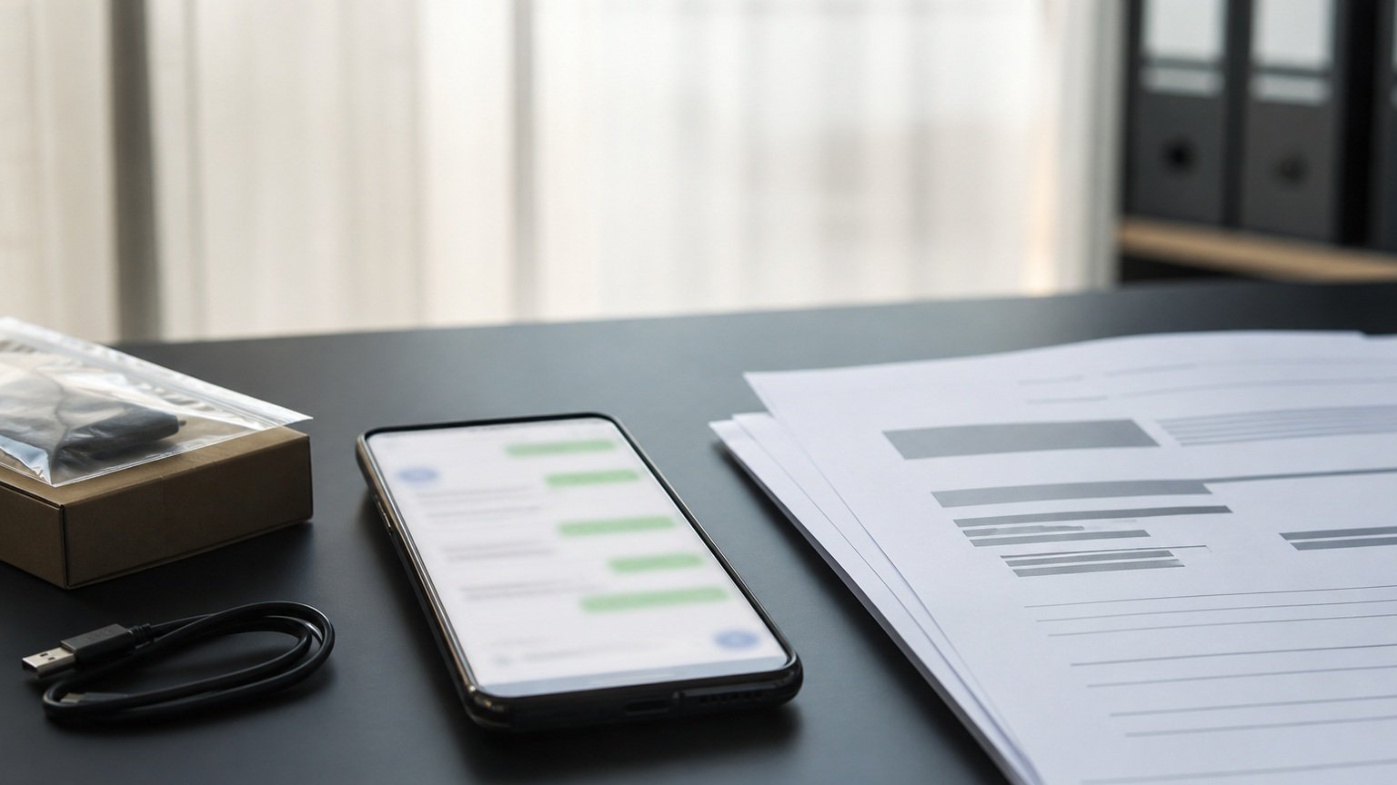 Smartphone com conversa desfocada, embalagem de evidência e registros de preservação digital sobre mesa forense