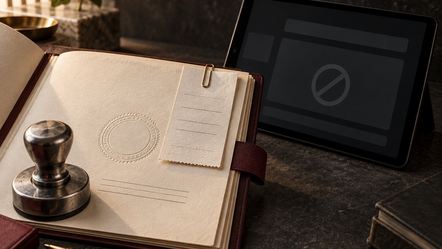 Pasta de autorização regulatória, carimbo e tablet com tela bloqueada