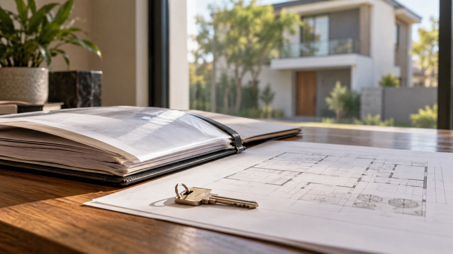 Pasta de registro imobiliário, planta de imóvel e chave sobre mesa, com uma casa ao fundo